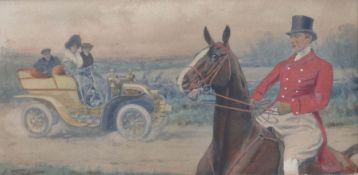 Maler des 19./20. Jh. "Reiter zu Pferd trifft auf ein Automobil", Darstellung vor einer Seekulisse,