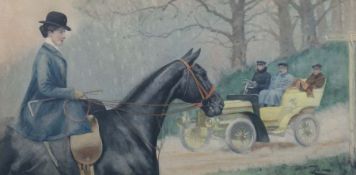 Maler des 19./20. Jh. "Dame zu Pferd trifft auf Automobil", Darstellung auf einem Feldweg, Wald im