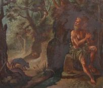 Maler des 18. Jh. "Heiliger Paulus als Eremit", Landschaftsdarstellung mit Rabe, Motivdarstellung