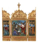 Triptychon Auferstehung Christi Wohl Deutschland, 19. Jh., Holz/Emaille tlw. bemalt, dreiflügeliger