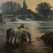 Senglaub, Adolf Stuttgart 1873 - ?, deutscher Maler. "Pferde am Fluss vor einem Wehr" unten rechts