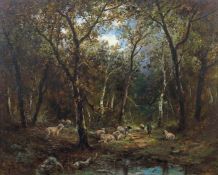 Magnus, Camille (attr.) 1850 - ?, französischer Maler. "Waldlichtung mit Schafherde", am Wasser
