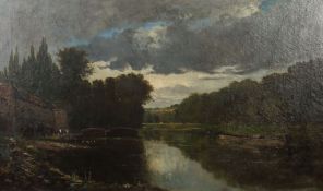 Französischer Maler des 19. Jh. Schule von Barbizon. "Flusslauf mit Lastkahn", Blick auf die
