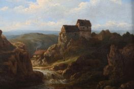 Landschaftsmaler des 19. Jh. "Felsenlandschaft mit einer Burg", unten ein Flusslauf, Darstellung im