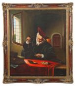 Maler der 2. Hälfte des 20. Jh. "Der Goldhändler", mit Waage an einem Holztisch bei geöffnetem