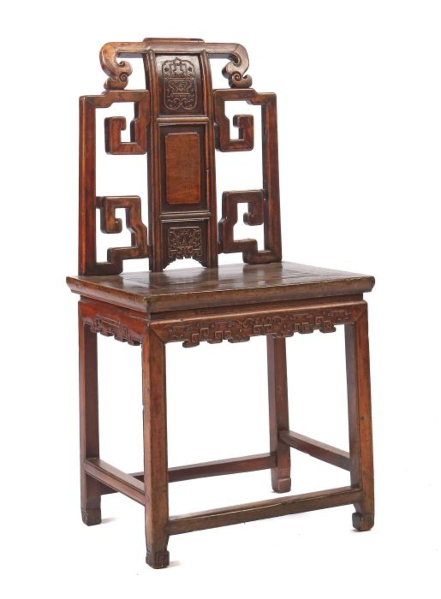 Stuhl China, w. 19. Jh., Hartholz, dunkel gebeizt, mit rechteckiger Sitzfläche, von 4 Füßen mit