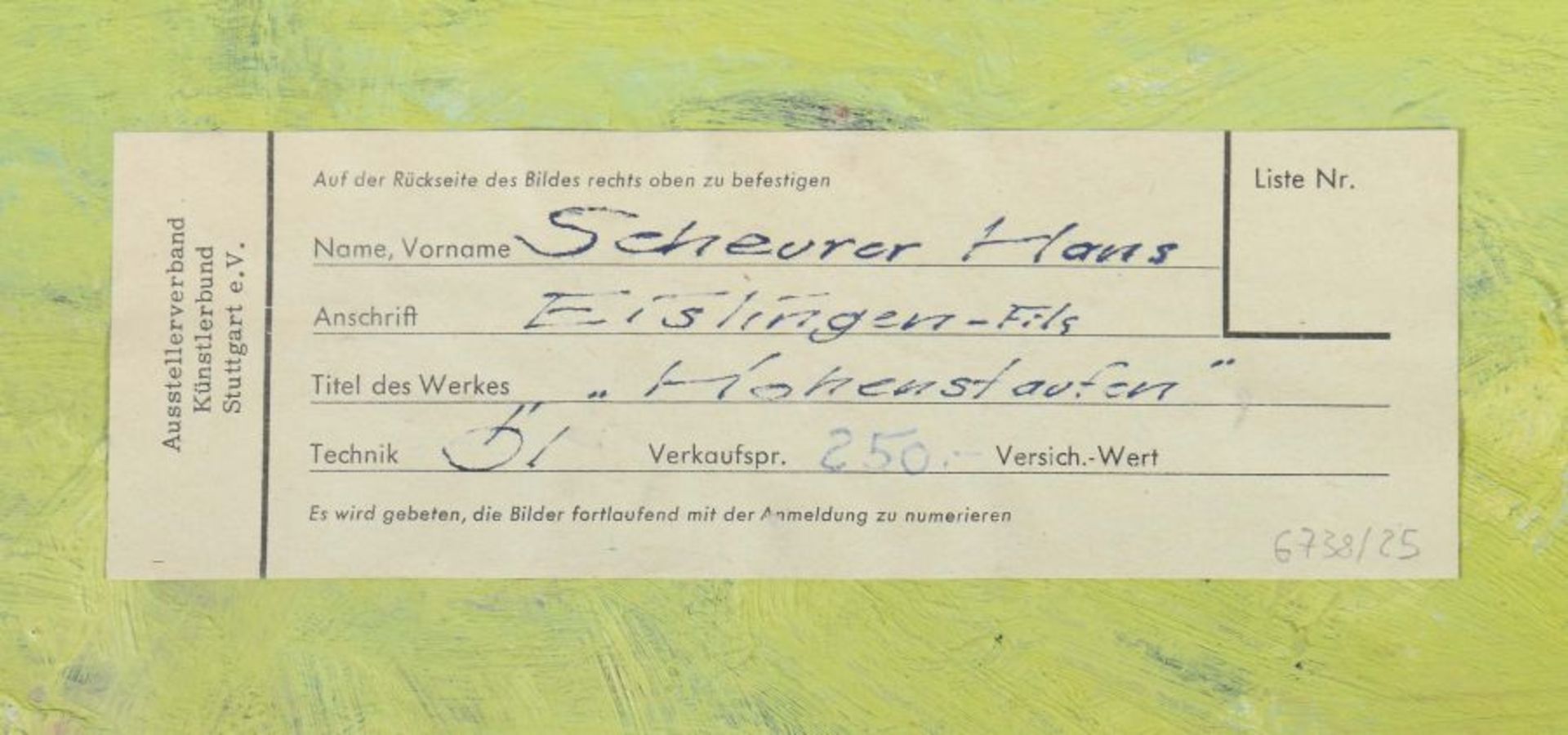Scheurer, Hans geb. 1905, Maler in Göppingen, Mitglied VBK Württemberg. "Hohenstaufen", stilisierte - Bild 5 aus 5