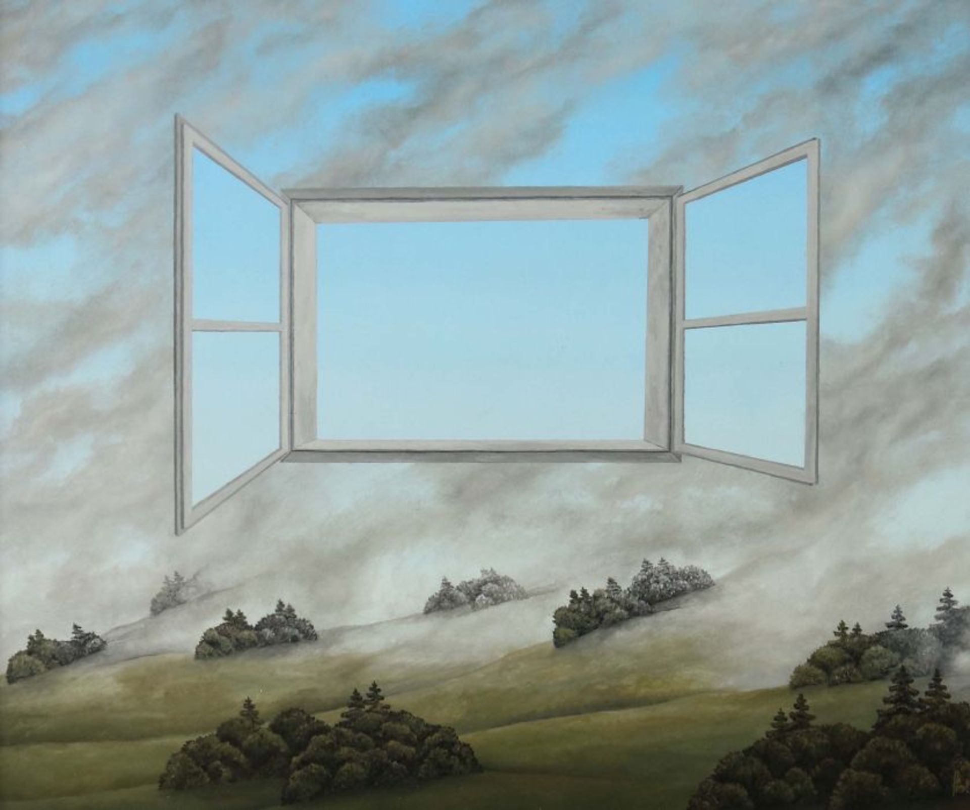 Franz Politzer geb. 1950. "Das weite Fenster", surrealistische Landschaftsdarstellung mit einem