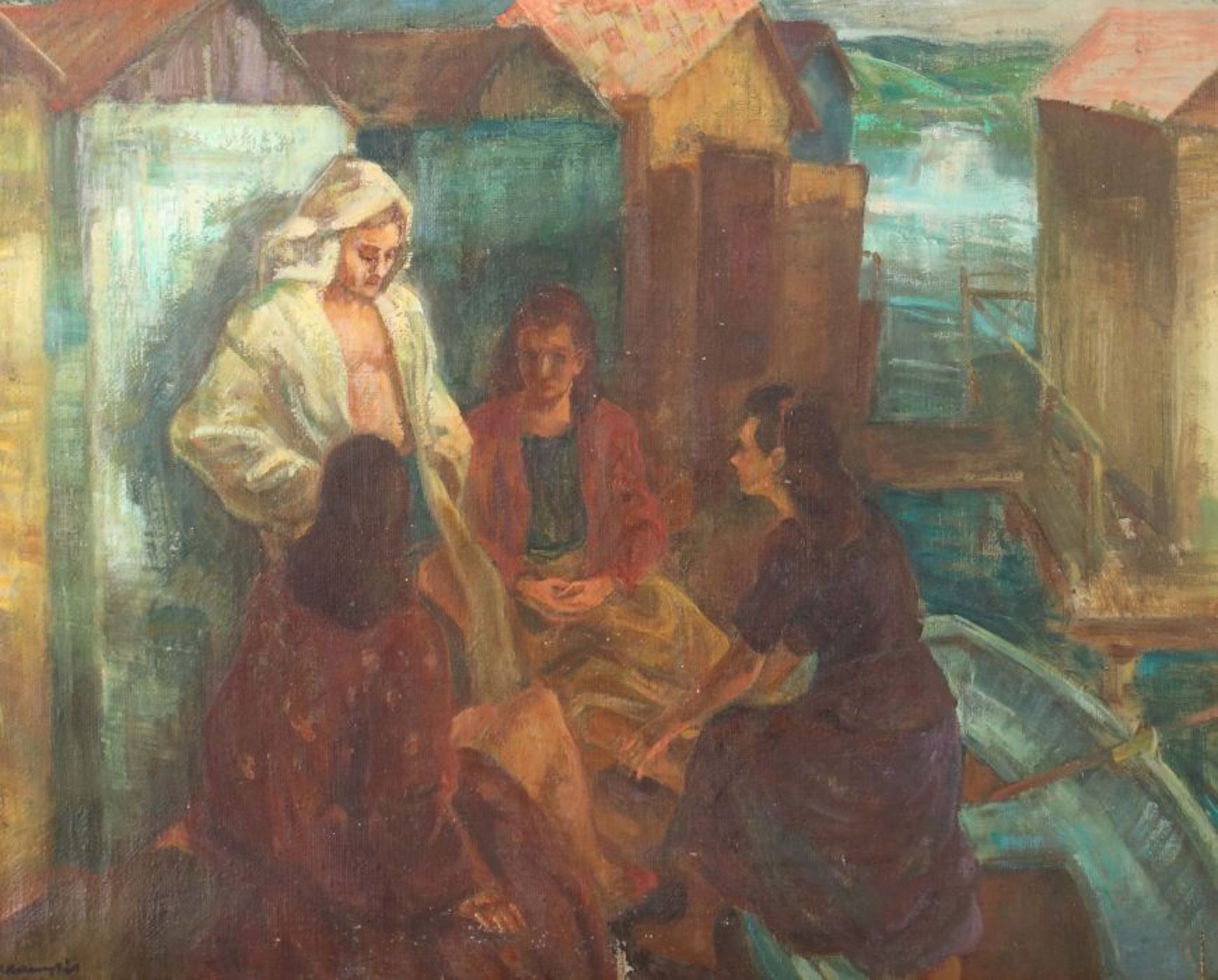 Udvary, Pal Budapest 1900 - 1987 ebenda, ungarischer Maler. "Am Ufer", stilisierte Darstellung mit