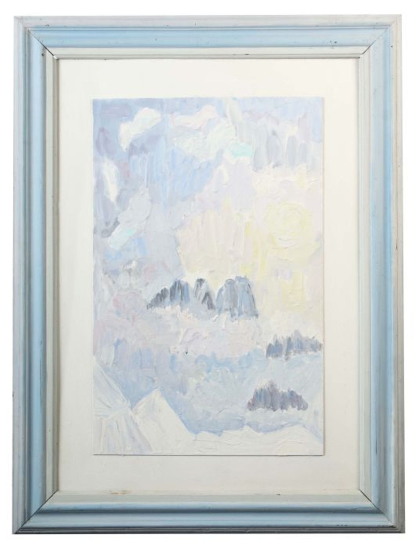 Maler des 20. Jh. "Gebirgslandschaft", stilisierte Darstellung in Blau und Weiß, nicht sign., Öl/ - Bild 2 aus 3