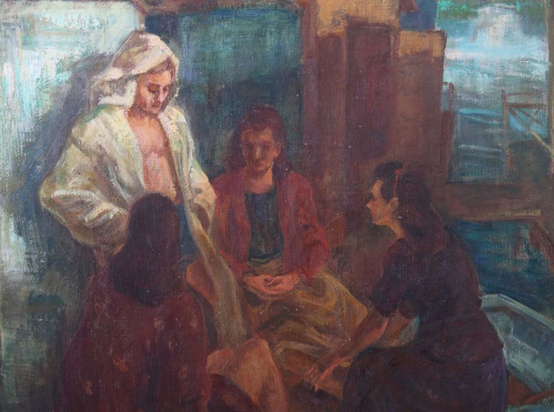 Udvary, Pal Budapest 1900 - 1987 ebenda, ungarischer Maler. "Am Ufer", stilisierte Darstellung mit - Bild 4 aus 5