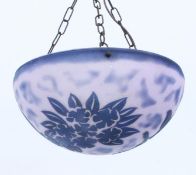 A HANGING LAMP Blue-violet flashed glass with relief-like etched plant decoration. Signed: