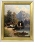 SCHMITT, J. Alpine, 19th century Romantic mountain landscape with alpine hut by the lake