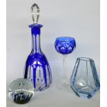 A LOT OF 4 CRYSTAL GLASS ITEMS with cobalt blue overlay. Carafe with stopper, Rummer