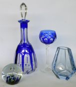 A LOT OF 4 CRYSTAL GLASS ITEMS with cobalt blue overlay. Carafe with stopper, Rummer