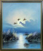 PARTRICK 20th century Seascape with wild ducks. Oil on panel, signed. 60 x 50 cm, framed.