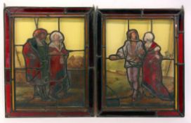 A PAIR OF LEADLIGHTS with colourfully painted representations in the style of the