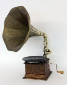 A HORN GRAMOPHONE His Master's voice, England after 1900 Carved wooden box with drive and