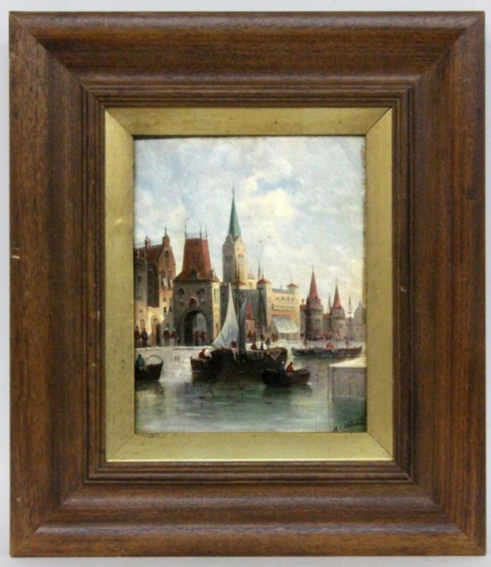 KAUFMANN, KARL Neupachlowitz 1843 - 1901 Vienna Harbour scene in front of a medieval city.