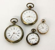 FOUR POCKET WATCHES circa 1900 2 men's watches and ladies' watch with silver case, 1