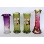 FOUR ART NOUVEAU GLASS VASES WITH ENAMEL PAINTING France circa 1900. 25-31 cm high.