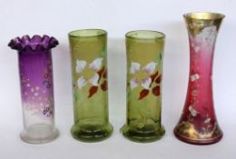 FOUR ART NOUVEAU GLASS VASES WITH ENAMEL PAINTING France circa 1900. 25-31 cm high.