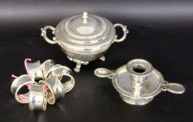 A LOT OF 7 SILVER-PLATED ITEMS Sugar bowl, hand-held candle holder and 5 napkin rings.