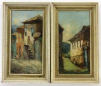 UNKNOWN ARTIST 20th century Counterparts: Italian Villages with People. Oil on panel,