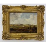 BRUGGE, W. Munich circa 1900 Moorland landscape with people and cow. Oil on panel, signed