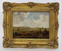 BRUGGE, W. Munich circa 1900 Moorland landscape with people and cow. Oil on panel, signed