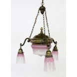 AN ART DECO HANGING LAMP France 1930s 3-light patinated brass frame. Middle bowl and 3