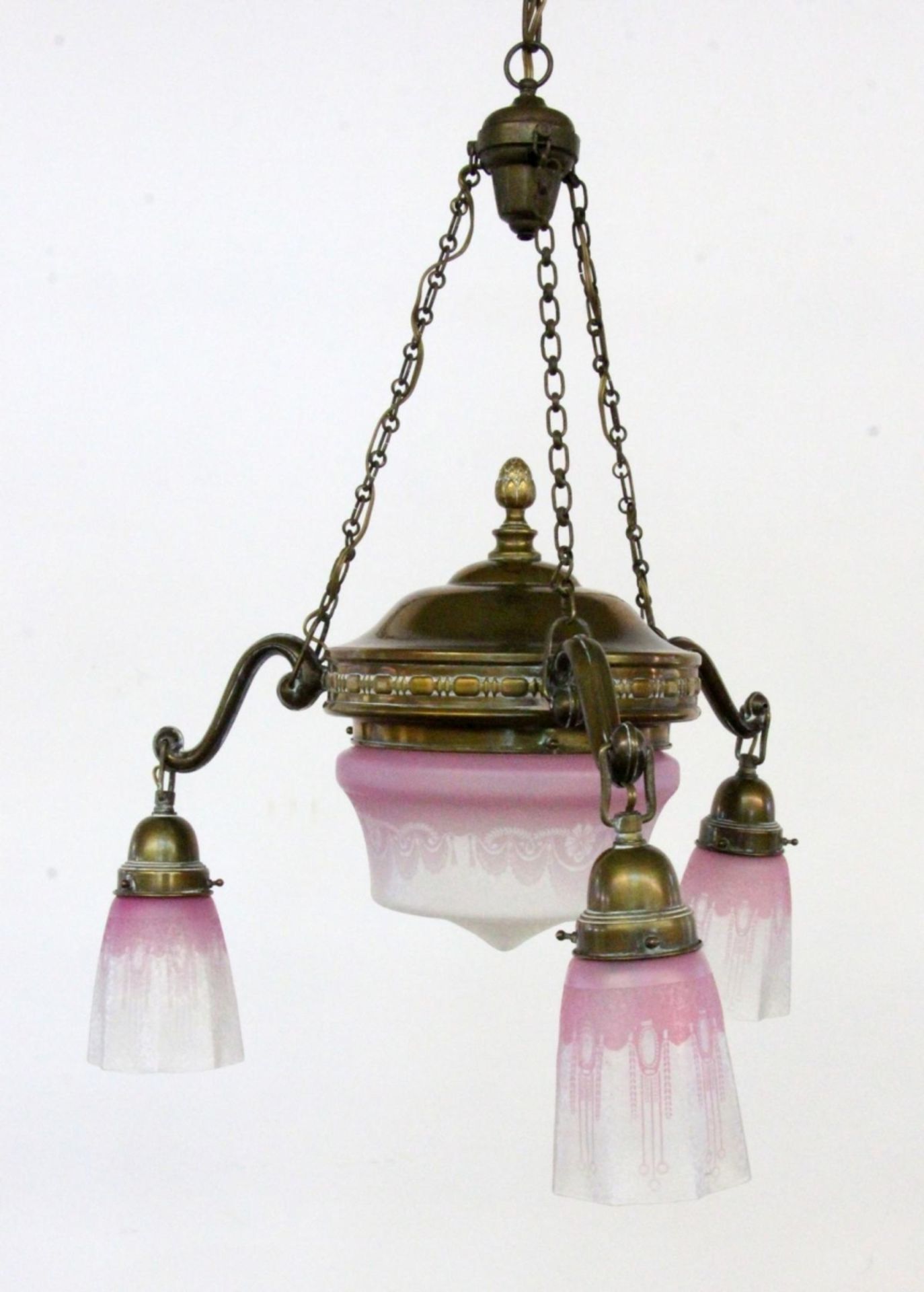 AN ART DECO HANGING LAMP France 1930s 3-light patinated brass frame. Middle bowl and 3