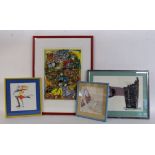 THREE WATERCOLOURS AND COLOURED LITHOGRAPH Modern. Several representations, framed.