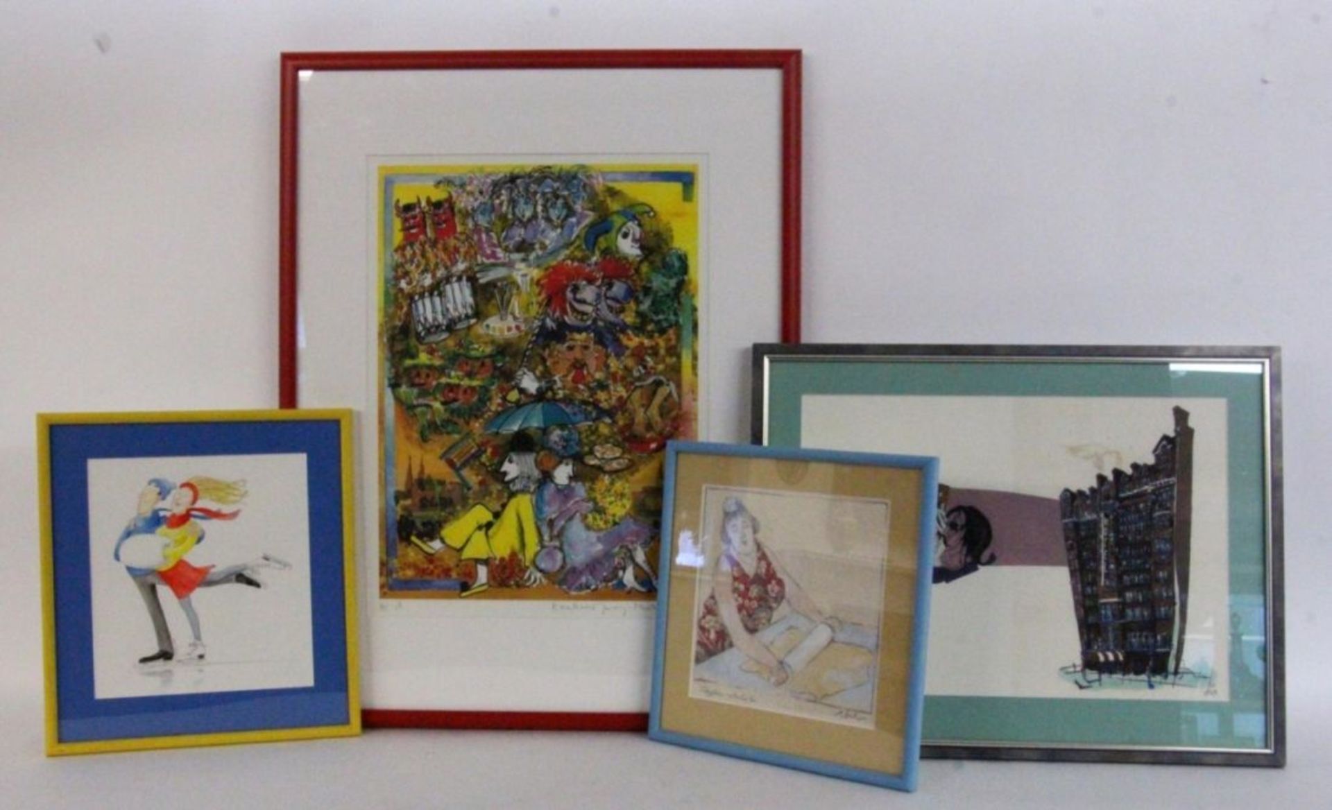 THREE WATERCOLOURS AND COLOURED LITHOGRAPH Modern. Several representations, framed.