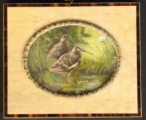 A MINIATURE Forest landscape with sandpipers. Fossil ivory. Frame made of root wood. Oval,