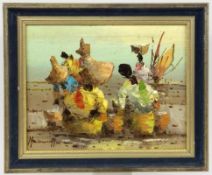 UNKNOWN ARTIST 20th century African Fishermen on the Beach. Oil on canvas, indistinctly