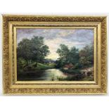 LANDSCAPE PAINTER circa 1900 Romantic seascape with houses and people. Oil on canvas, 56 x