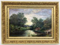 LANDSCAPE PAINTER circa 1900 Romantic seascape with houses and people. Oil on canvas, 56 x