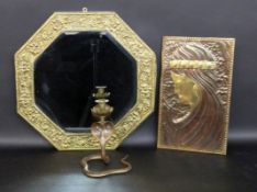 A MIXED LOT OF THREE ITEMS Wall mirror, brass relief and snake candlestick. 21 cm high.