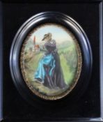 A MINIATURE Portrait of a lady in costume. Fossil ivory. Wooden frame, approximately 14 x