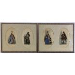 FOUR HISTORICAL FASHION ENGRAVINGS France circa 1900. Oval. Framed under passe-partout in