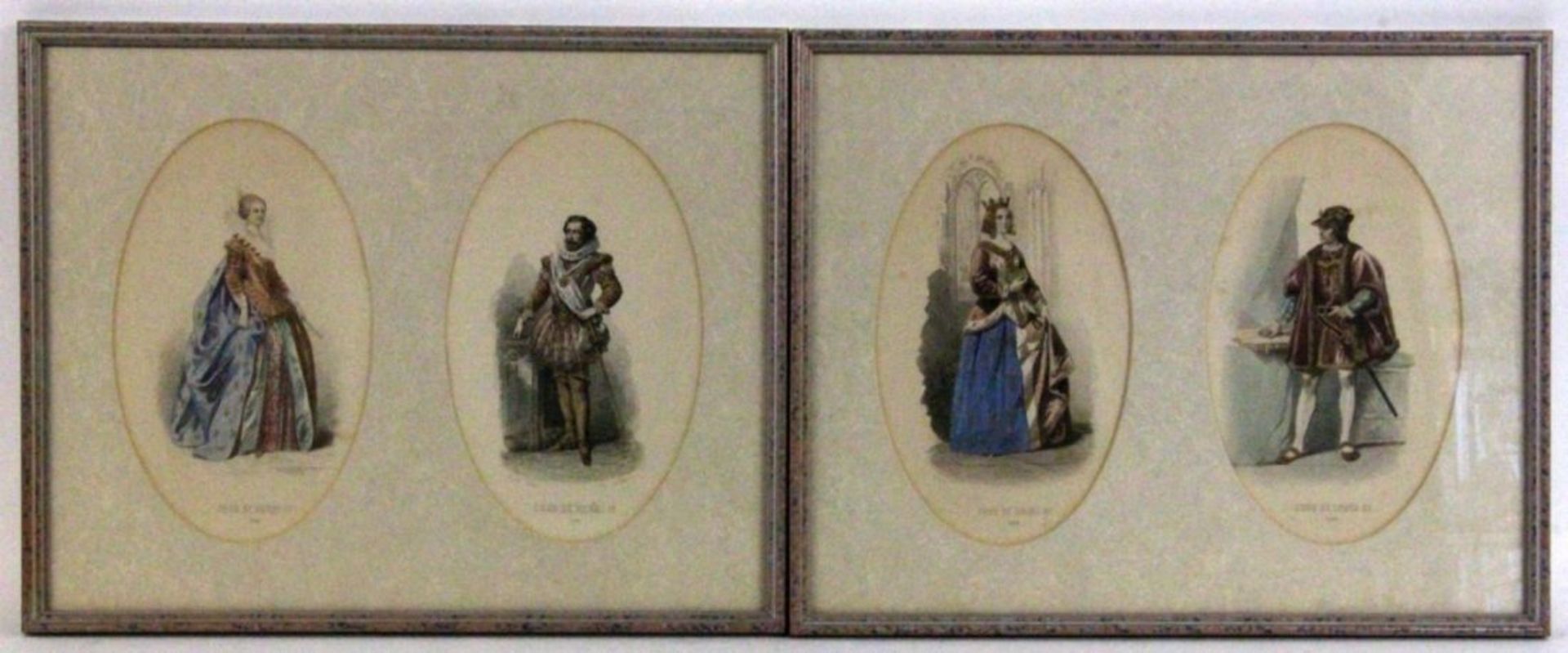 FOUR HISTORICAL FASHION ENGRAVINGS France circa 1900. Oval. Framed under passe-partout in