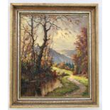 GRUNENBERG (?) 20th century Autumn landscape. Oil on panel, indistinctly signed. 72 x 57