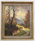 GRUNENBERG (?) 20th century Autumn landscape. Oil on panel, indistinctly signed. 72 x 57