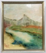 LANDSCAPE PAINTER 20th century Landscape with castle mountain. Pastel, 45 x 38 cm, framed.