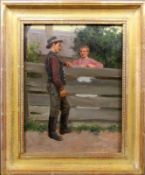 NAGY, ERNO Budapest 1881 - 1951 Munich Conversation at the fence. Oil on panel, signed. 27