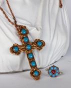 A CROSS PENDANT AND NECKLACE Copper with turquoises, approximately 6 x 4 cm. Includes a