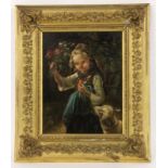 GENRE PAINTER circa 1900 Girl with lamb and bouquet of flowers. Oil on canvas, 29 x 24 cm,