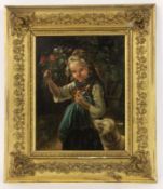 GENRE PAINTER circa 1900 Girl with lamb and bouquet of flowers. Oil on canvas, 29 x 24 cm,