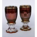 TWO GLASSES Cut, ruby glass with etched view of Marienbad. Ferdinandsbrunn and Kreuzbrunn.